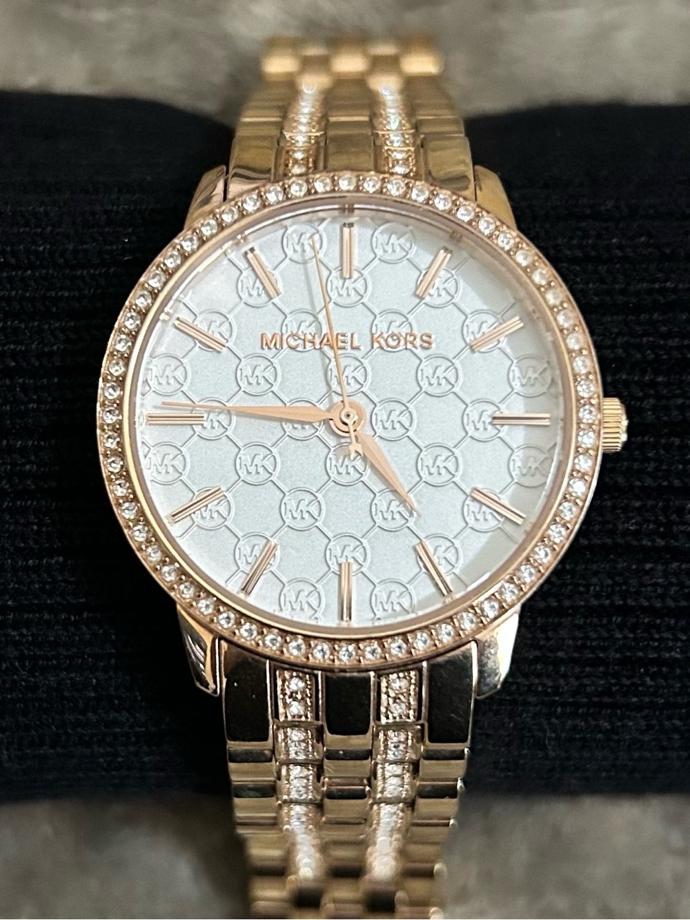 Michael Kors Rose Gold Tone Crystal-Trim Bracelet Watch with White MK Dial